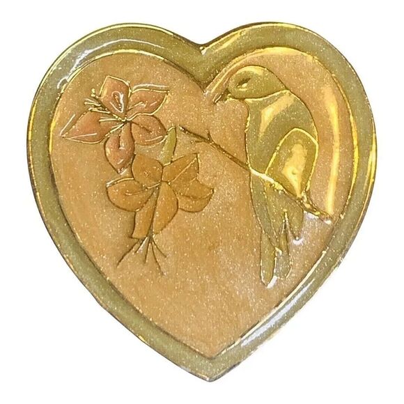VTG Heart Brooch Pin 1.5” Bird On Perch Flower Gold Tone Spring Jewelry - Picture 1 of 12